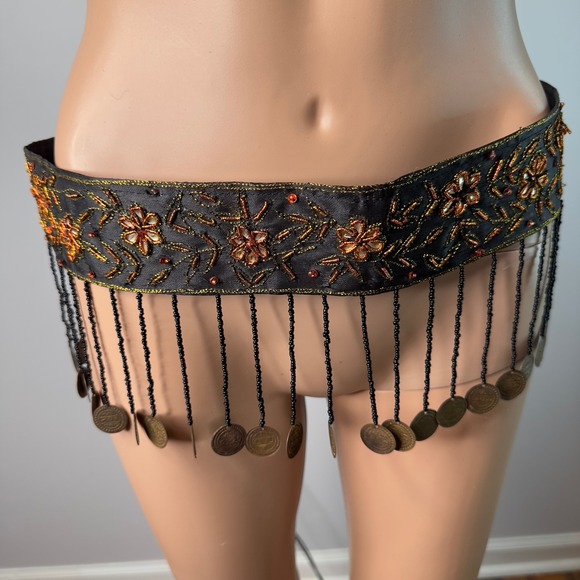 Silver Stream Accessories - Belly dance Beaded Coin Belt Brown Gold Floral Embroidered Boho Hip Scarf Tier